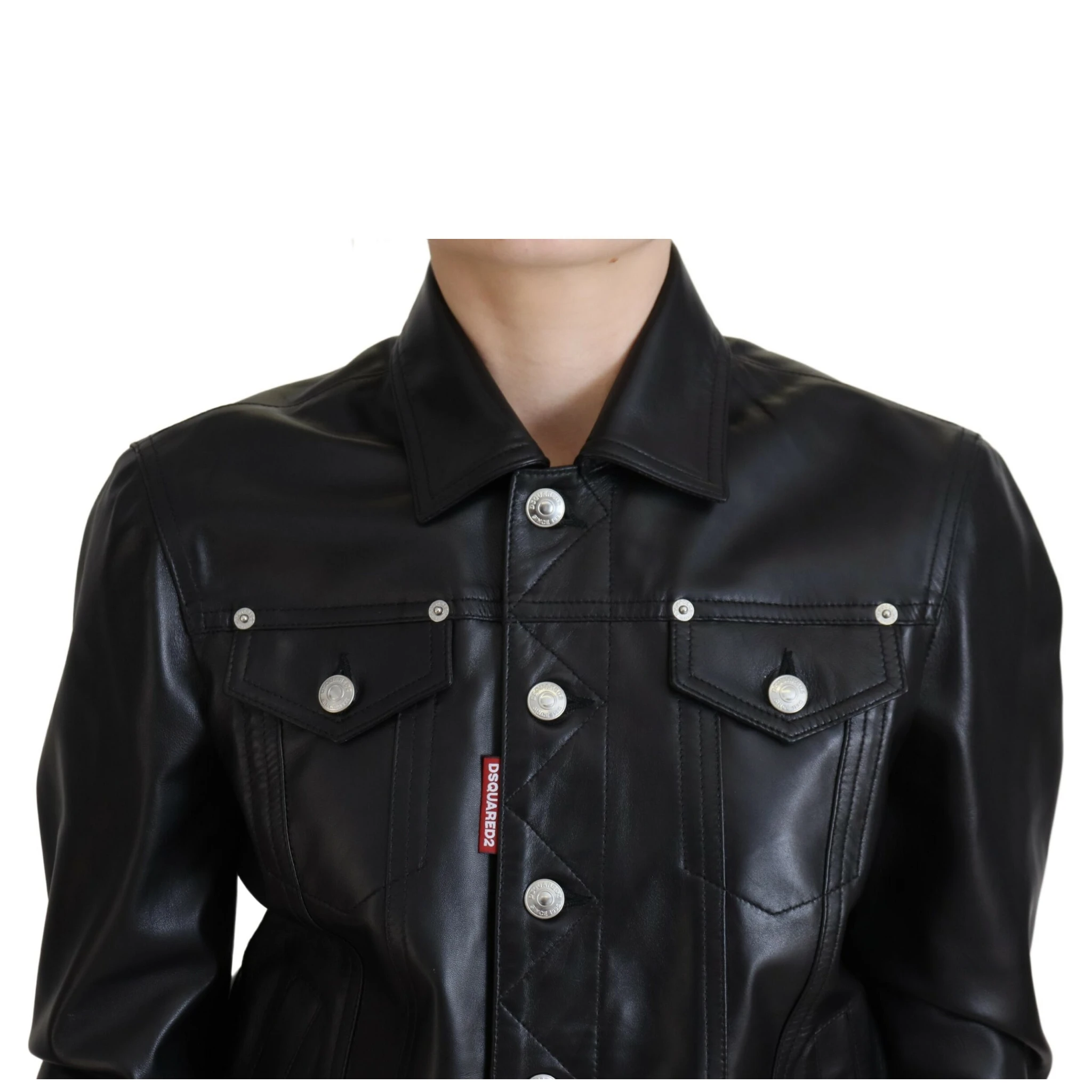 Black Leather Collared Long Sleeves Jacket