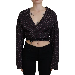 Black Polyester Cropped Logo Printed Blouse Top