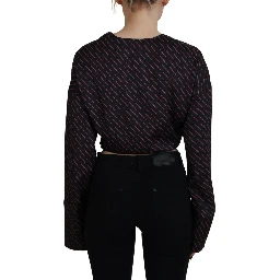Black Polyester Cropped Logo Printed Blouse Top