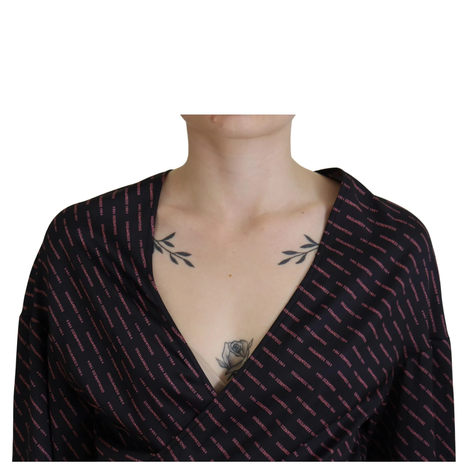 Black Polyester Cropped Logo Printed Blouse Top