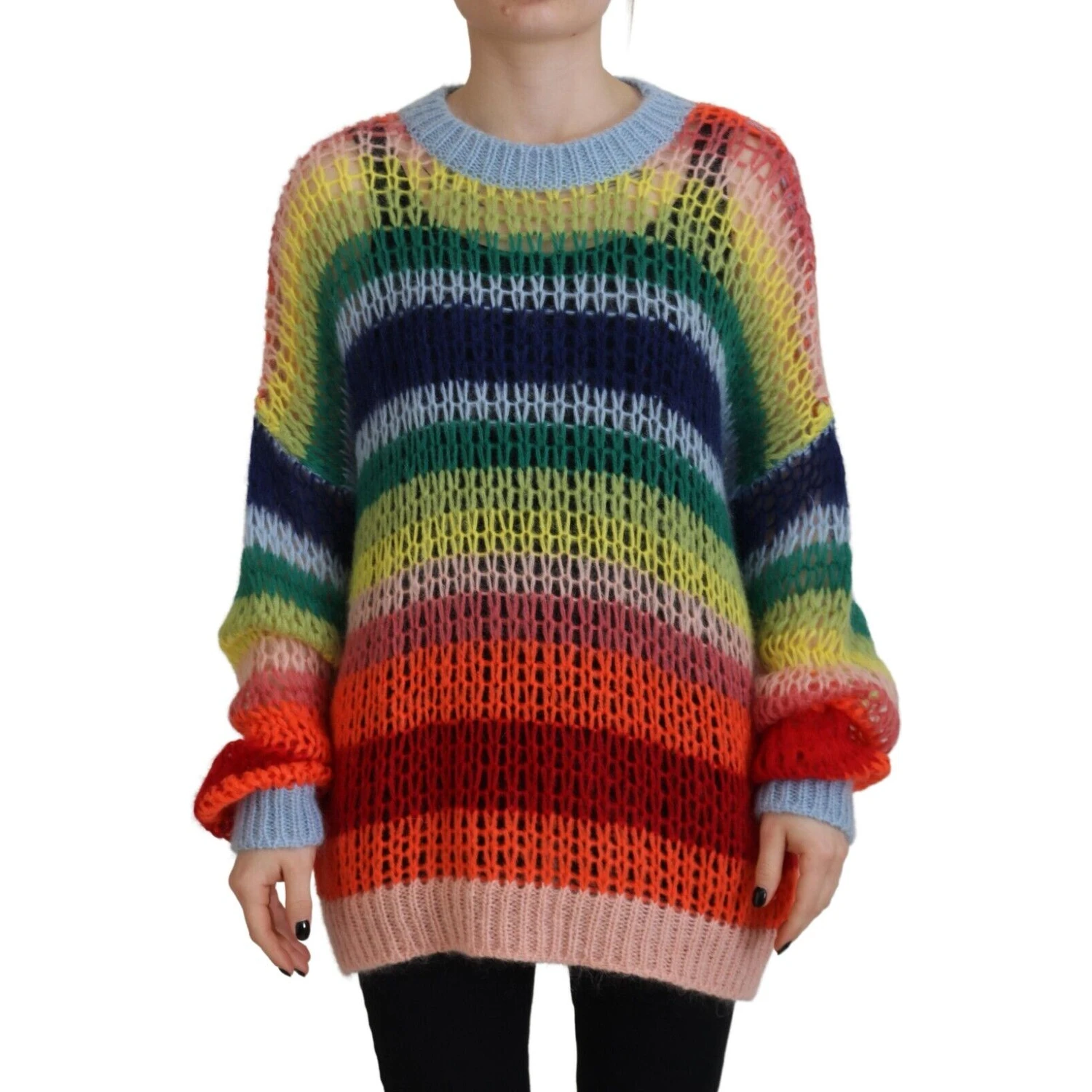 Multicolor Knitted Mohair Crewneck Pullover Sweater
