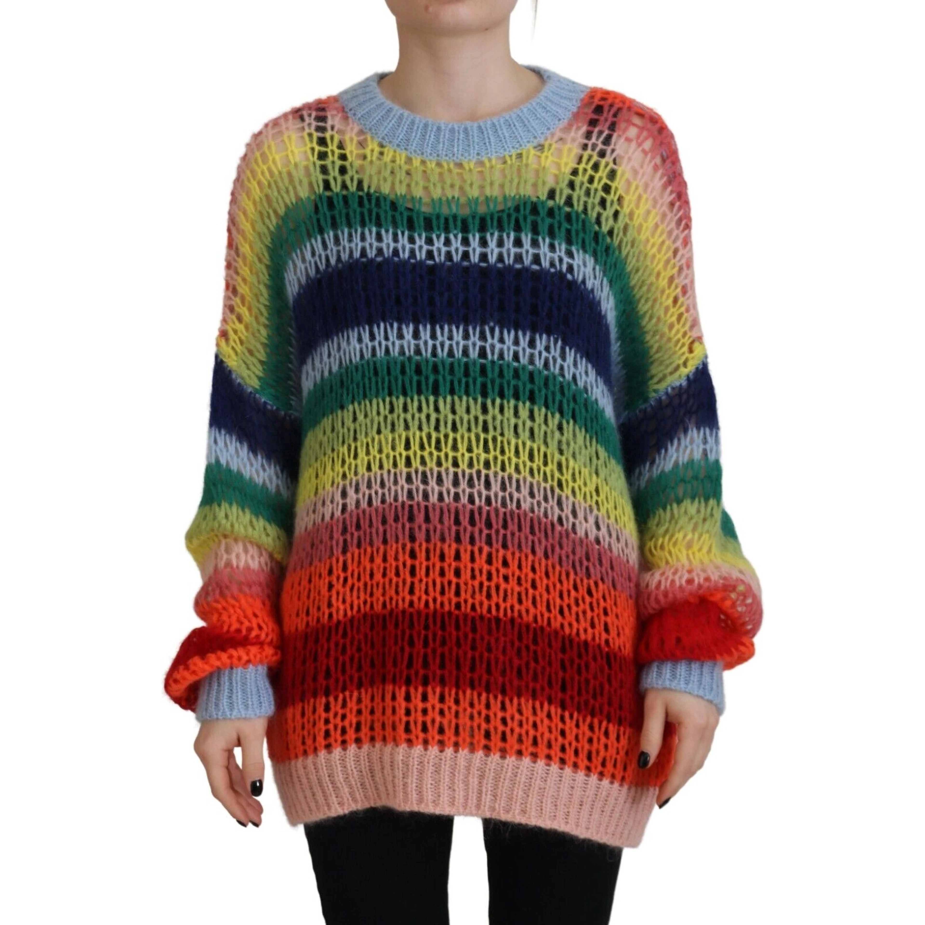 Multicolor Knitted Mohair Crewneck Pullover Sweater