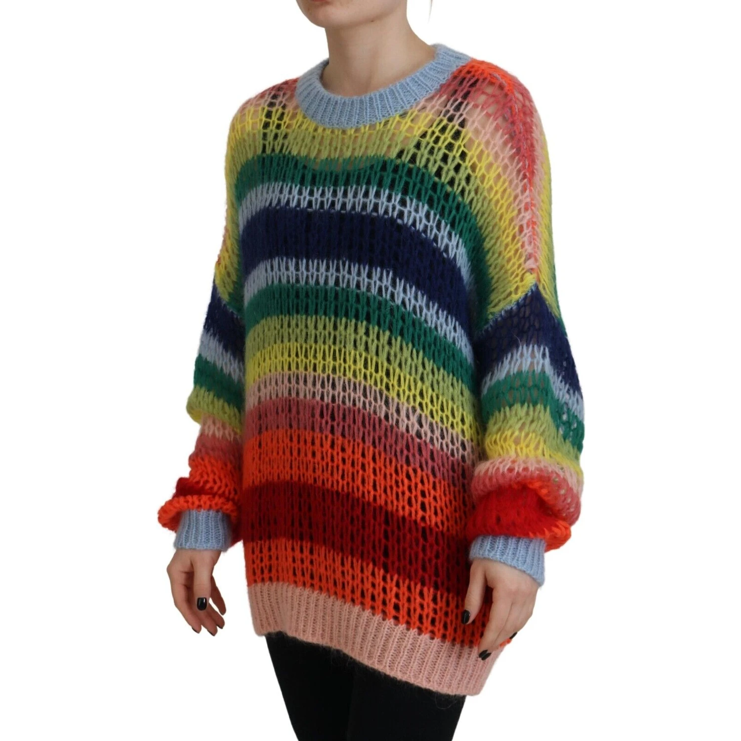 Multicolor Knitted Mohair Crewneck Pullover Sweater