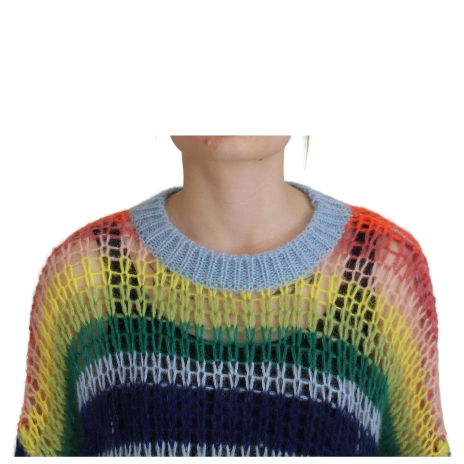 Multicolor Knitted Mohair Crewneck Pullover Sweater