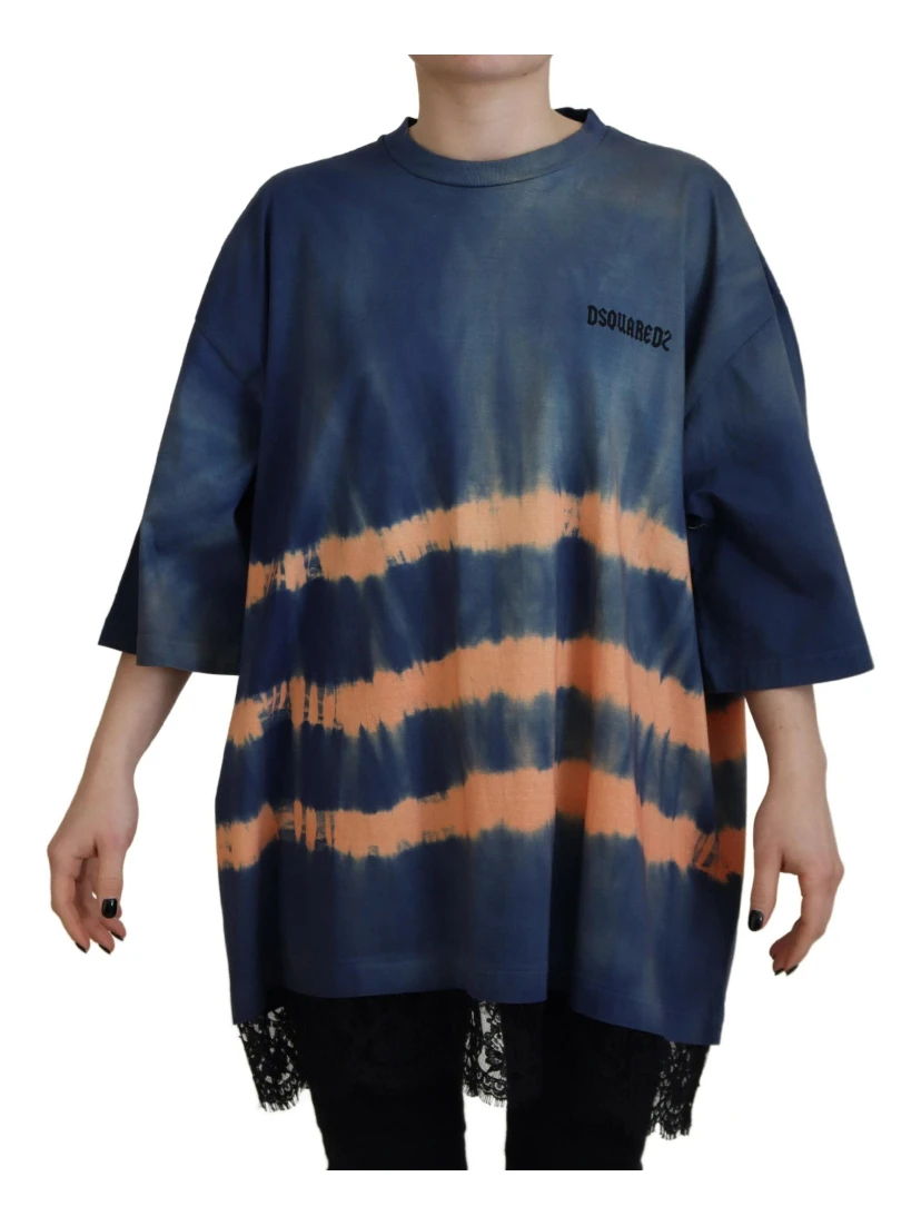 Blue Cotton Tie Dye Short Sleeves Lace T-shirt