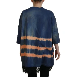 Blue Cotton Tie Dye Short Sleeves Lace T-shirt