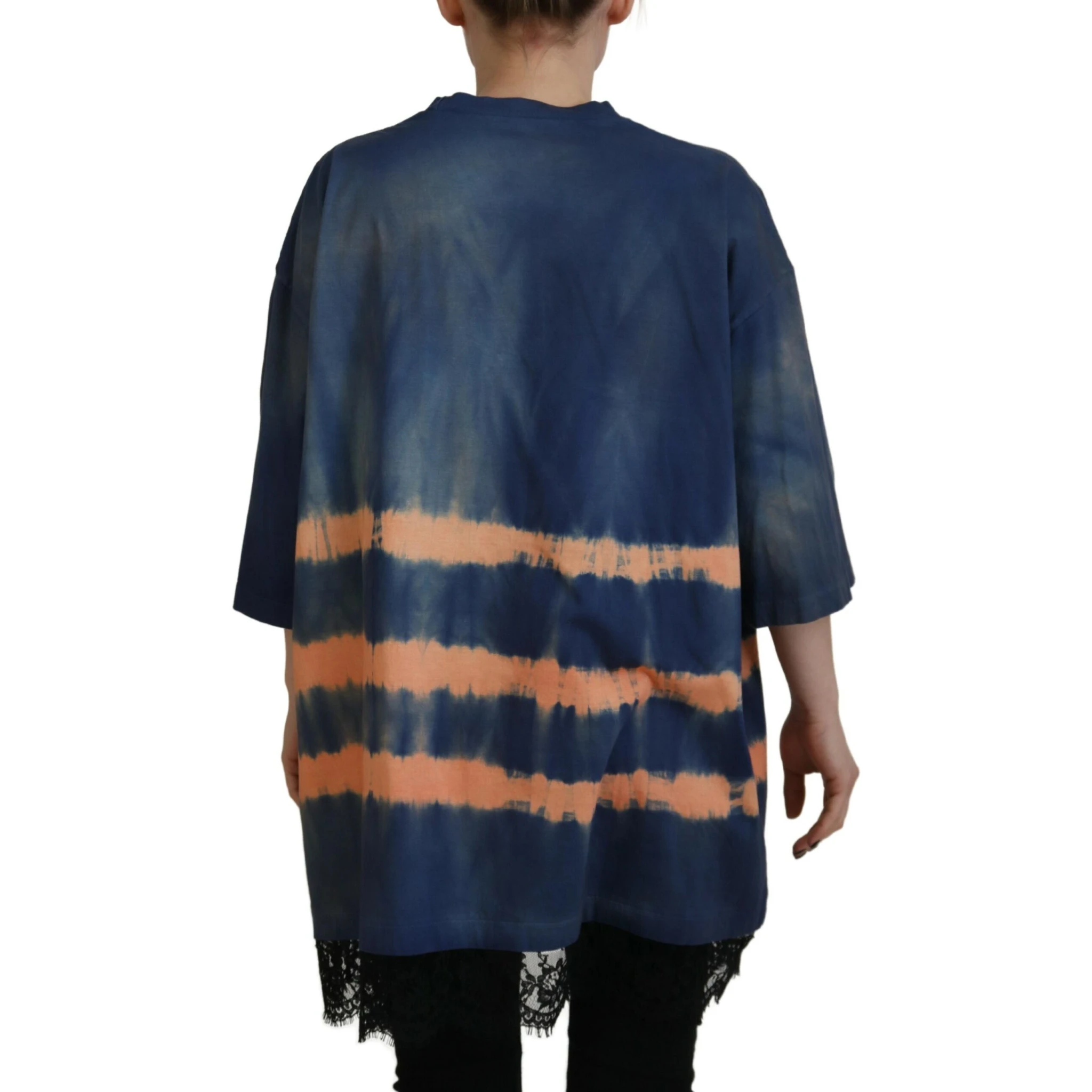 Blue Cotton Tie Dye Short Sleeves Lace T-shirt