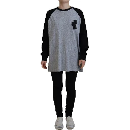 Black Gray Cotton Raglan Long Sleeves Casual Top