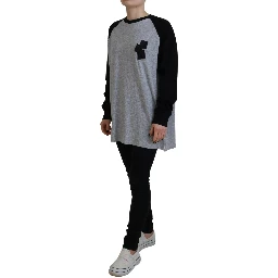 Black Gray Cotton Raglan Long Sleeves Casual Top
