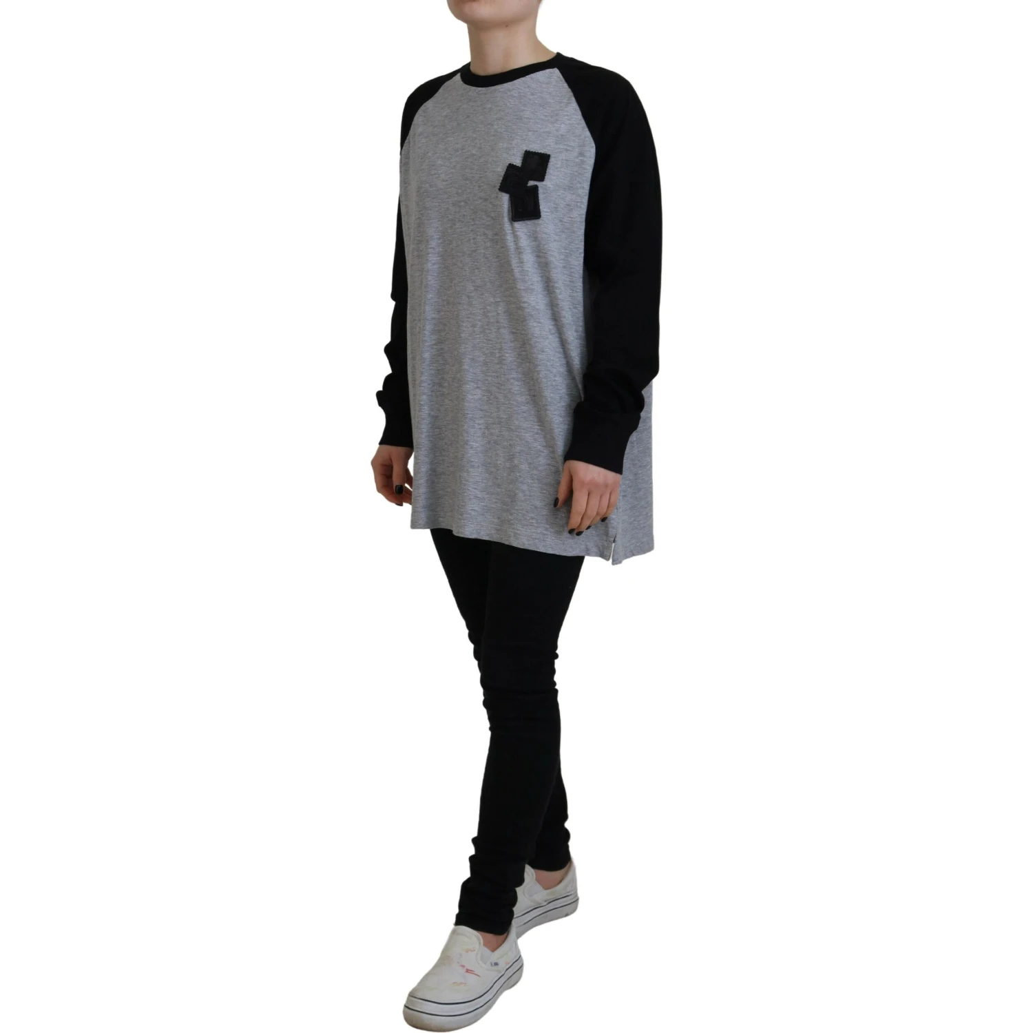 Black Gray Cotton Raglan Long Sleeves Casual Top