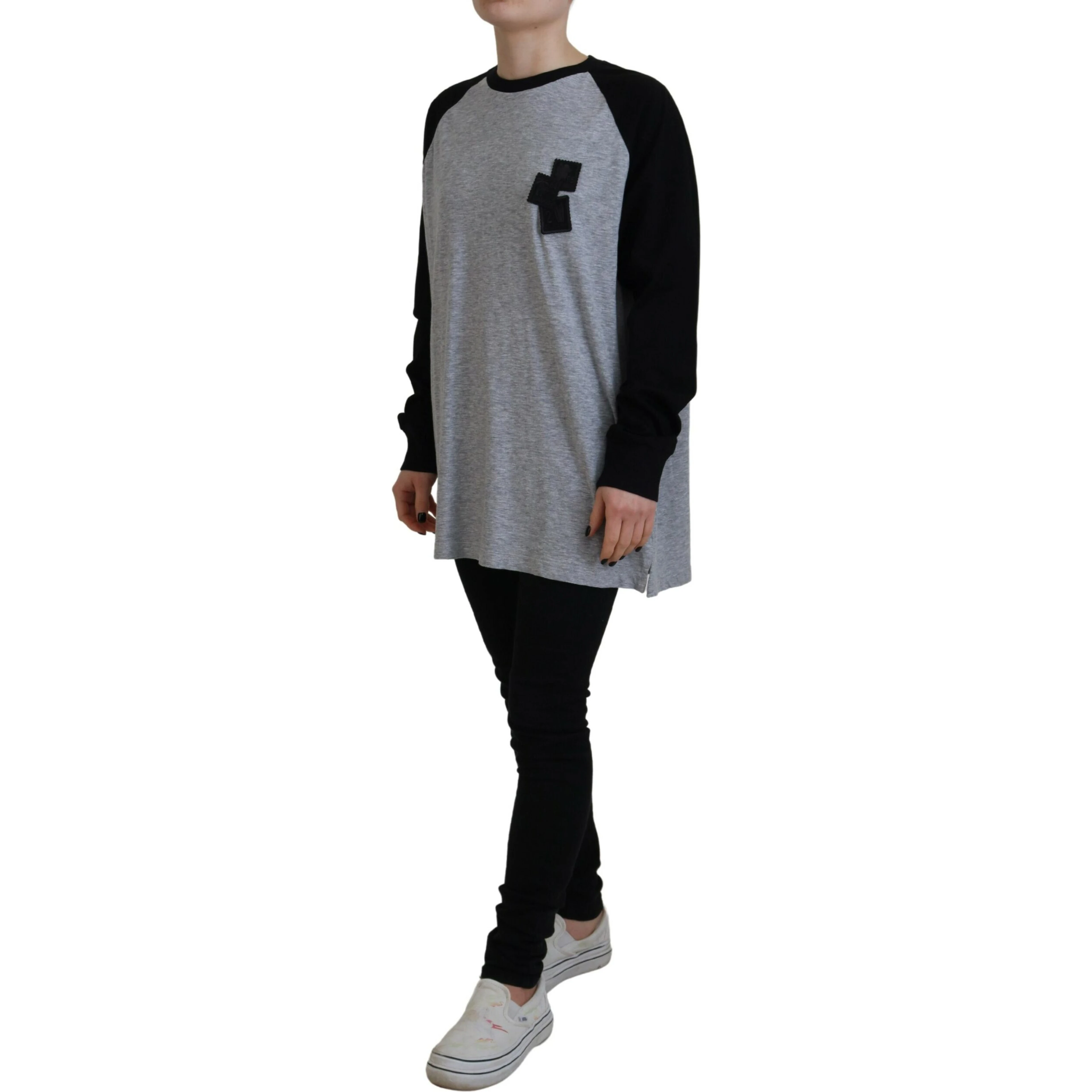 Black Gray Cotton Raglan Long Sleeves Casual Top