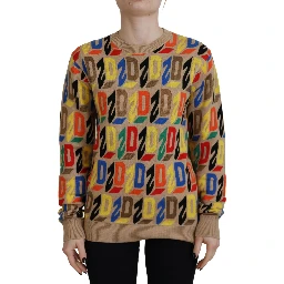 Brown Cotton Long Sleeve Crew Neck Printed Sweater