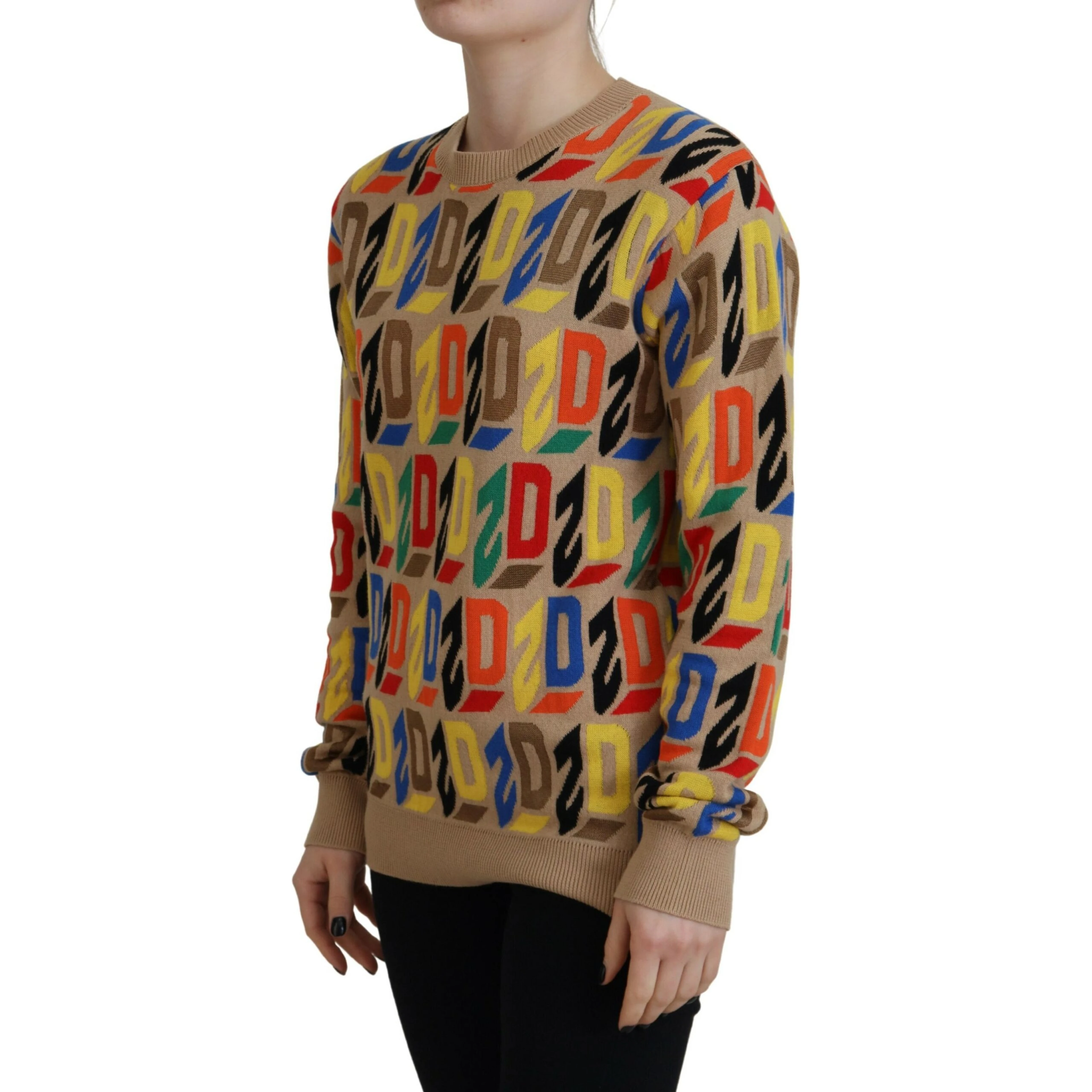 Brown Cotton Long Sleeve Crew Neck Printed Sweater