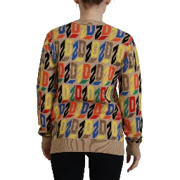 Brown Cotton Long Sleeve Crew Neck Printed Sweater