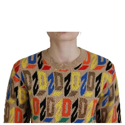 Brown Cotton Long Sleeve Crew Neck Printed Sweater