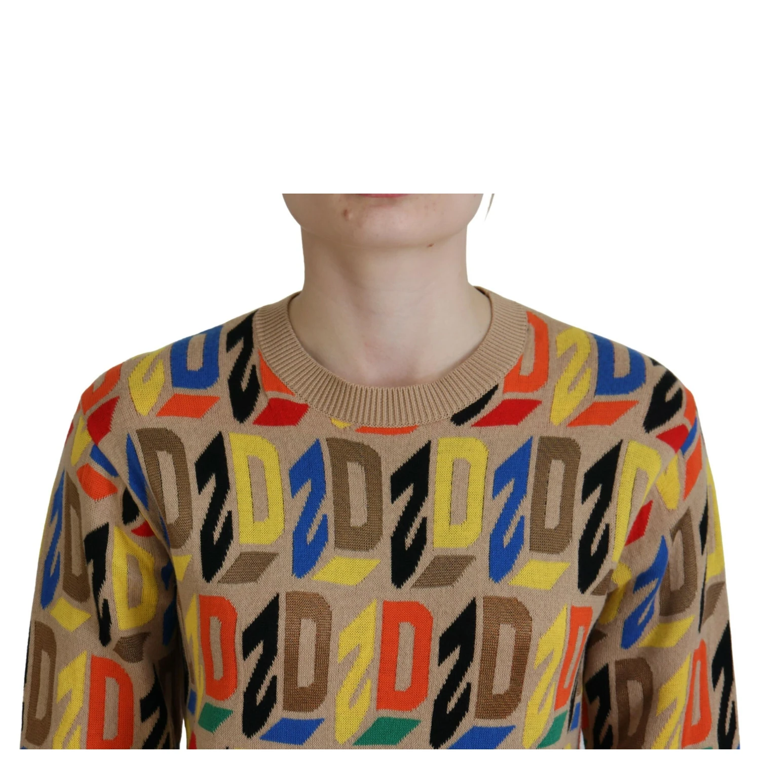 Brown Cotton Long Sleeve Crew Neck Printed Sweater