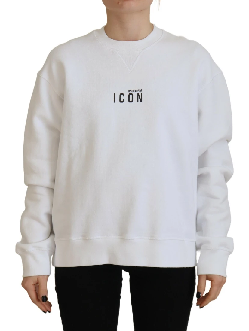 White Cotton Printed Long Sleeve Crew Neck Sweater