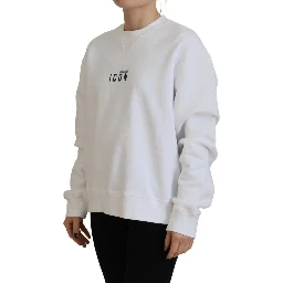 White Cotton Printed Long Sleeve Crew Neck Sweater