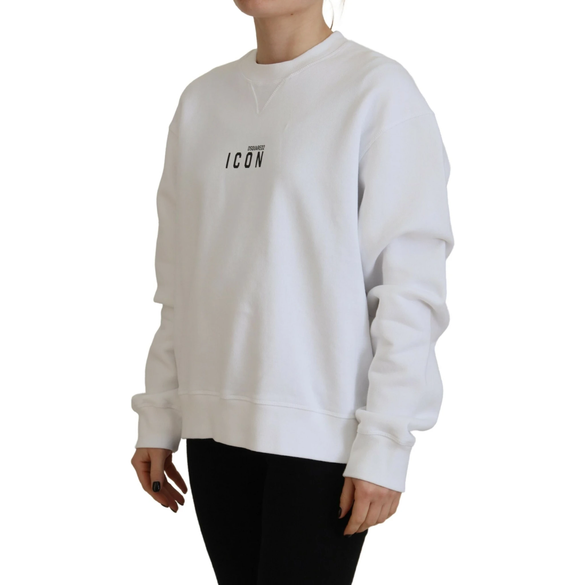 White Cotton Printed Long Sleeve Crew Neck Sweater