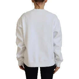 White Cotton Printed Long Sleeve Crew Neck Sweater