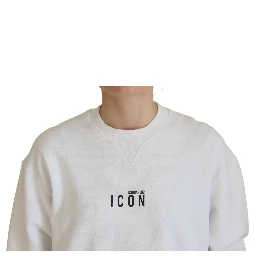White Cotton Printed Long Sleeve Crew Neck Sweater