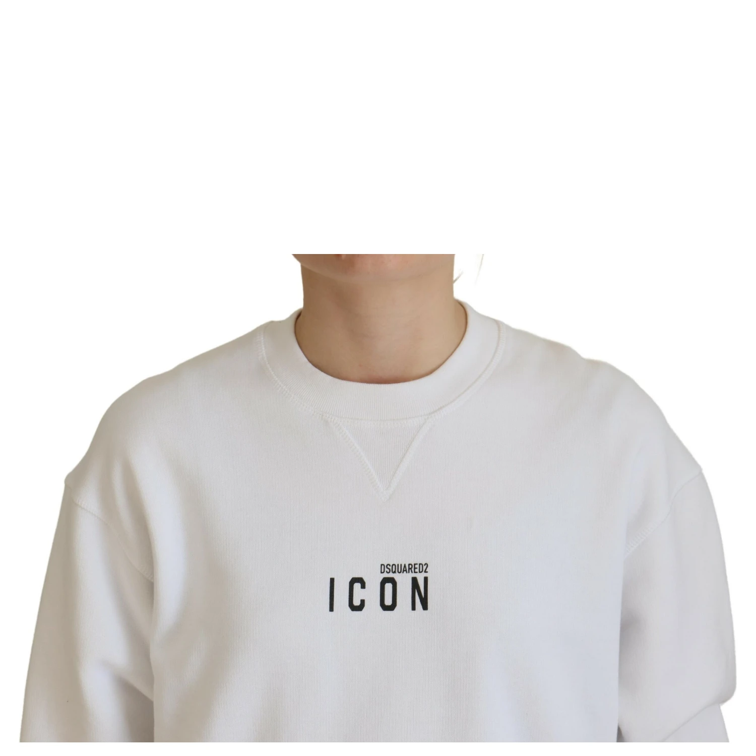 White Cotton Printed Long Sleeve Crew Neck Sweater