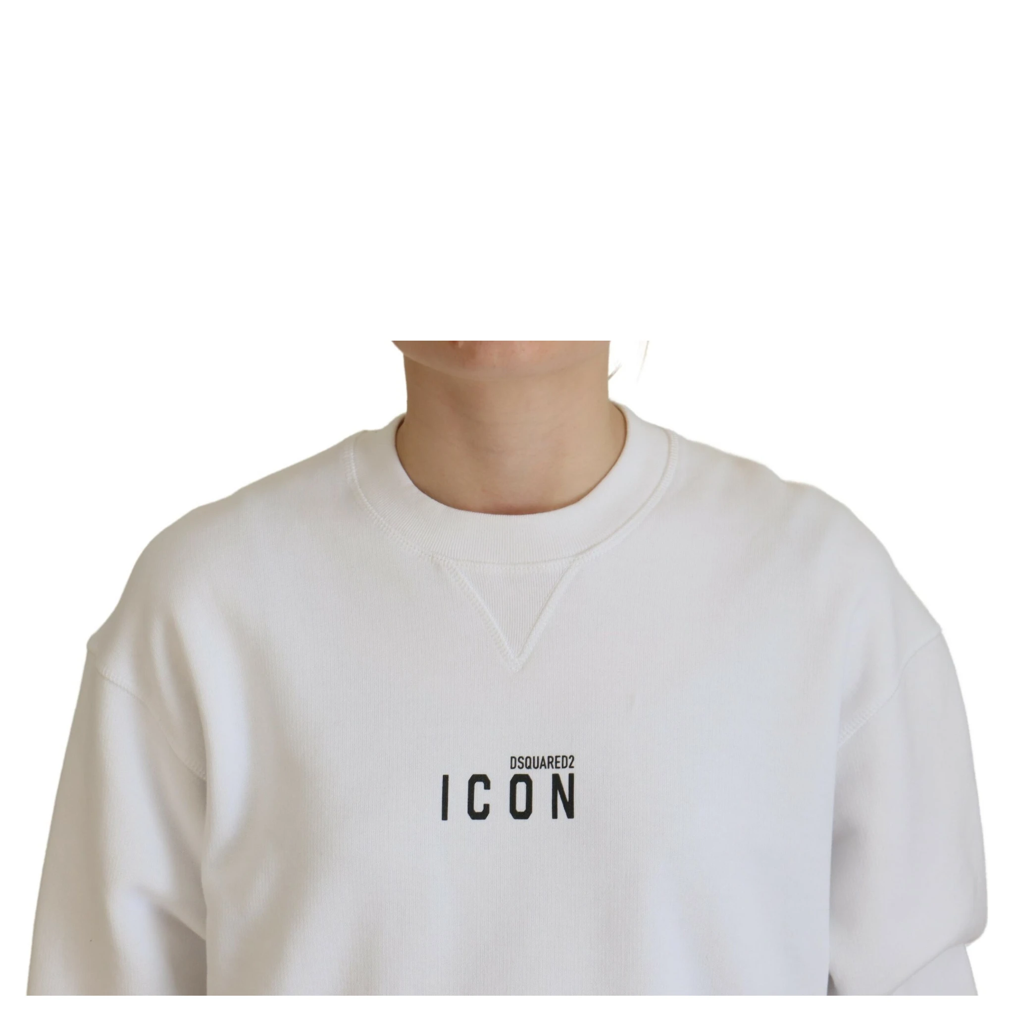 White Cotton Printed Long Sleeve Crew Neck Sweater