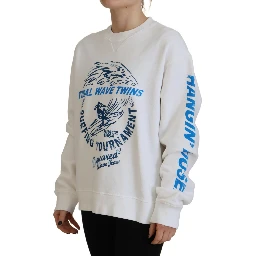 White Cotton Printed Women Long Sleeve Sweater