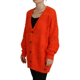 Orange Cotton Knitted Buttoned Cardigan Sweater