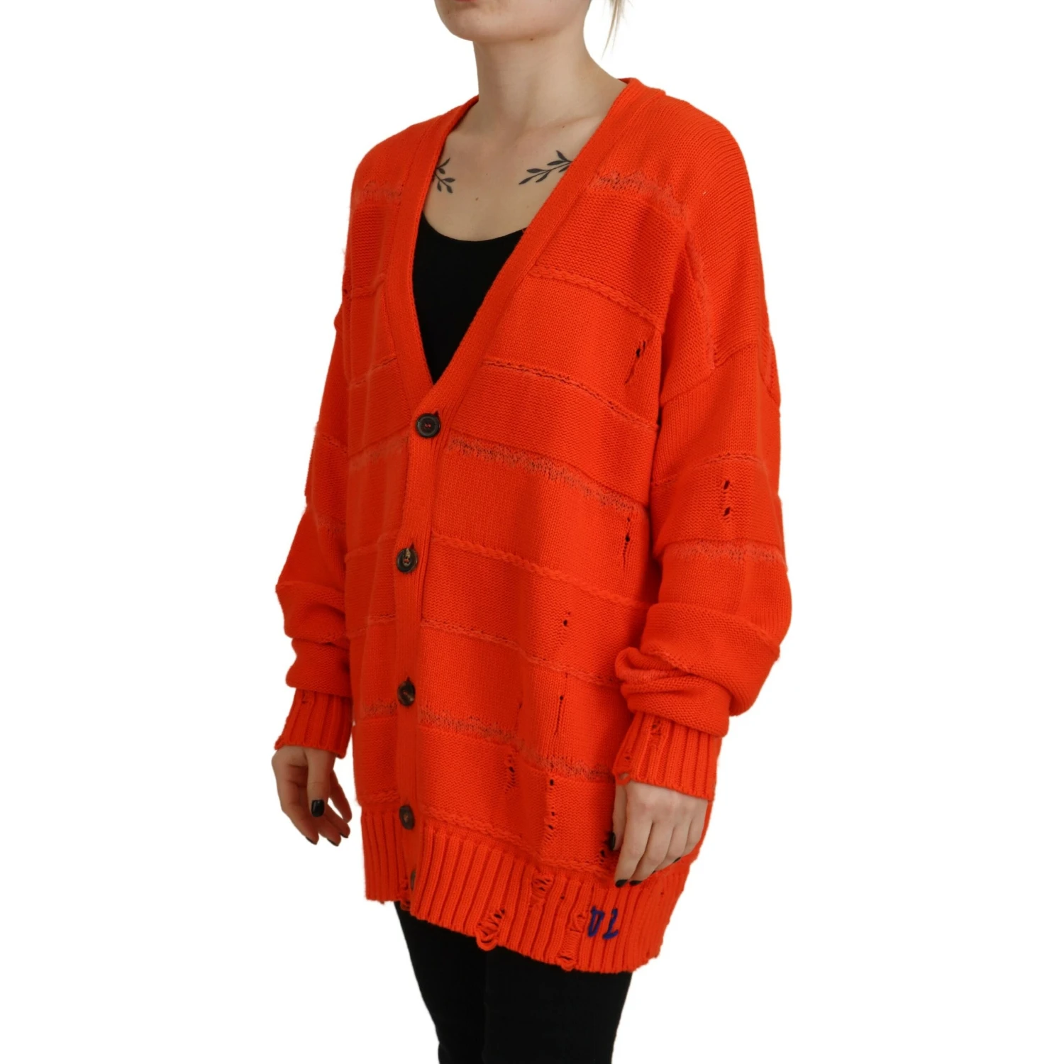 Orange Cotton Knitted Buttoned Cardigan Sweater