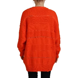 Orange Cotton Knitted Buttoned Cardigan Sweater