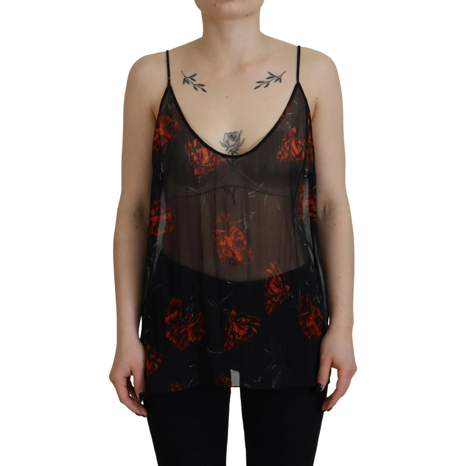 Black Floral Print Spaghetti Strap Tank Blouse Top