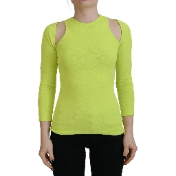 Yellow Green Viscose Open Shoulder Long Sleeves Top