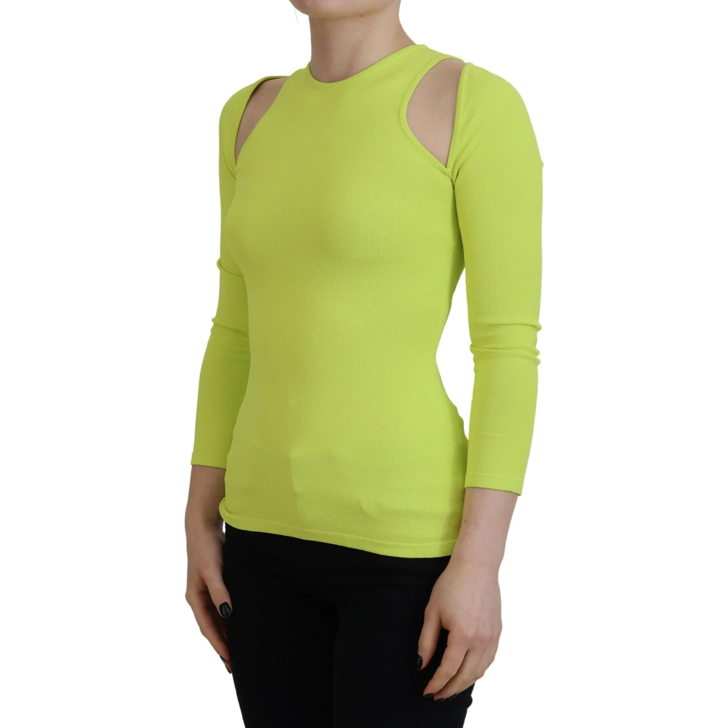 Yellow Green Viscose Open Shoulder Long Sleeves Top