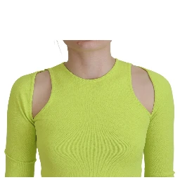 Yellow Green Viscose Open Shoulder Long Sleeves Top