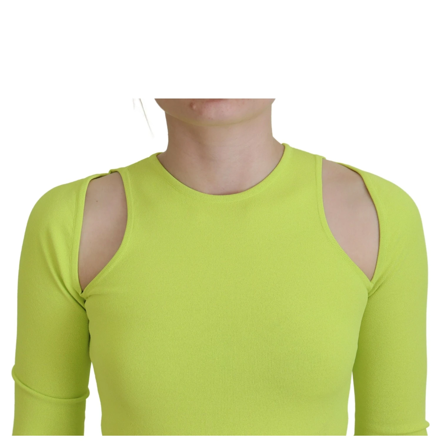 Yellow Green Viscose Open Shoulder Long Sleeves Top