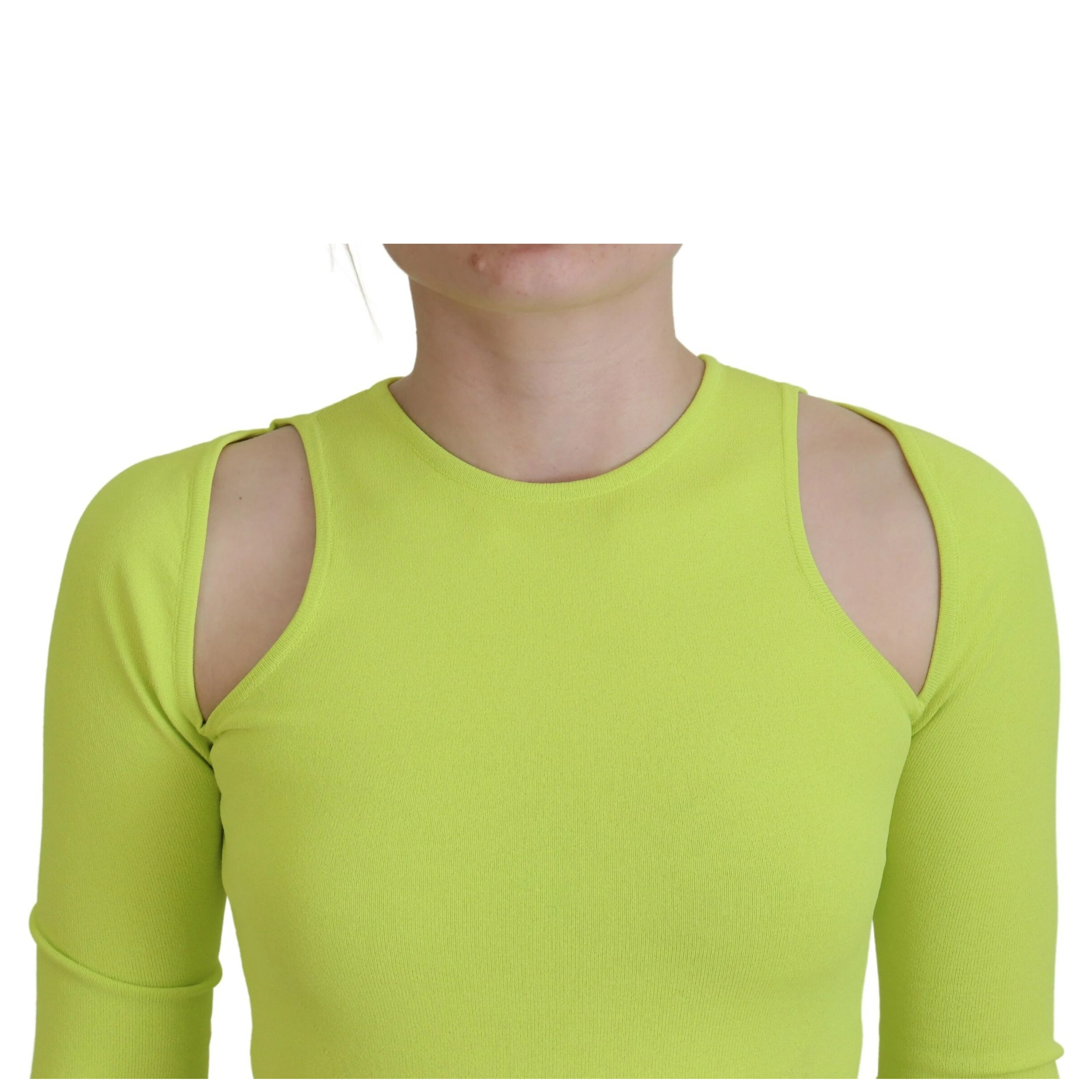 Yellow Green Viscose Open Shoulder Long Sleeves Top