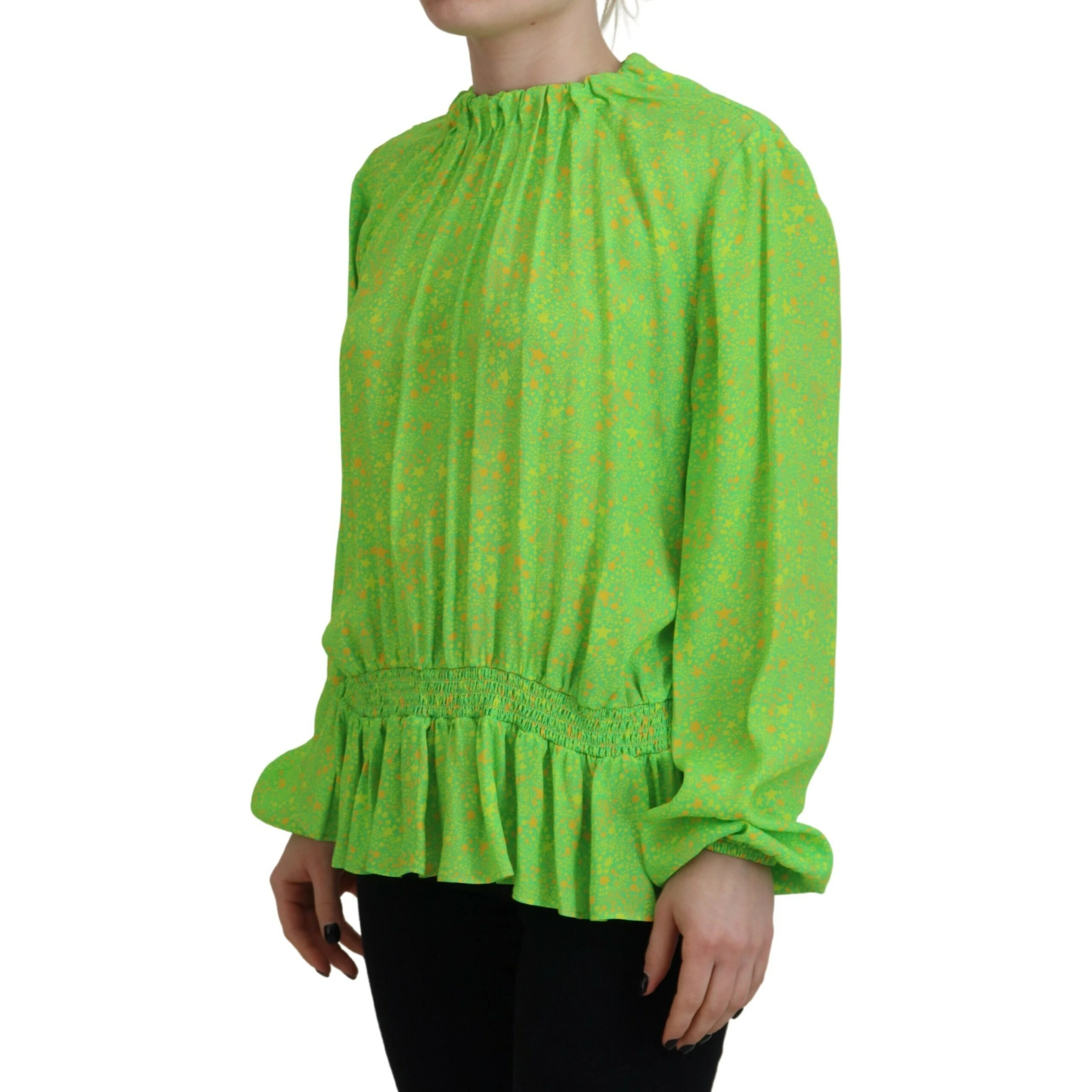 Green Stars Print Viscose Long Sleeves Blouse Top