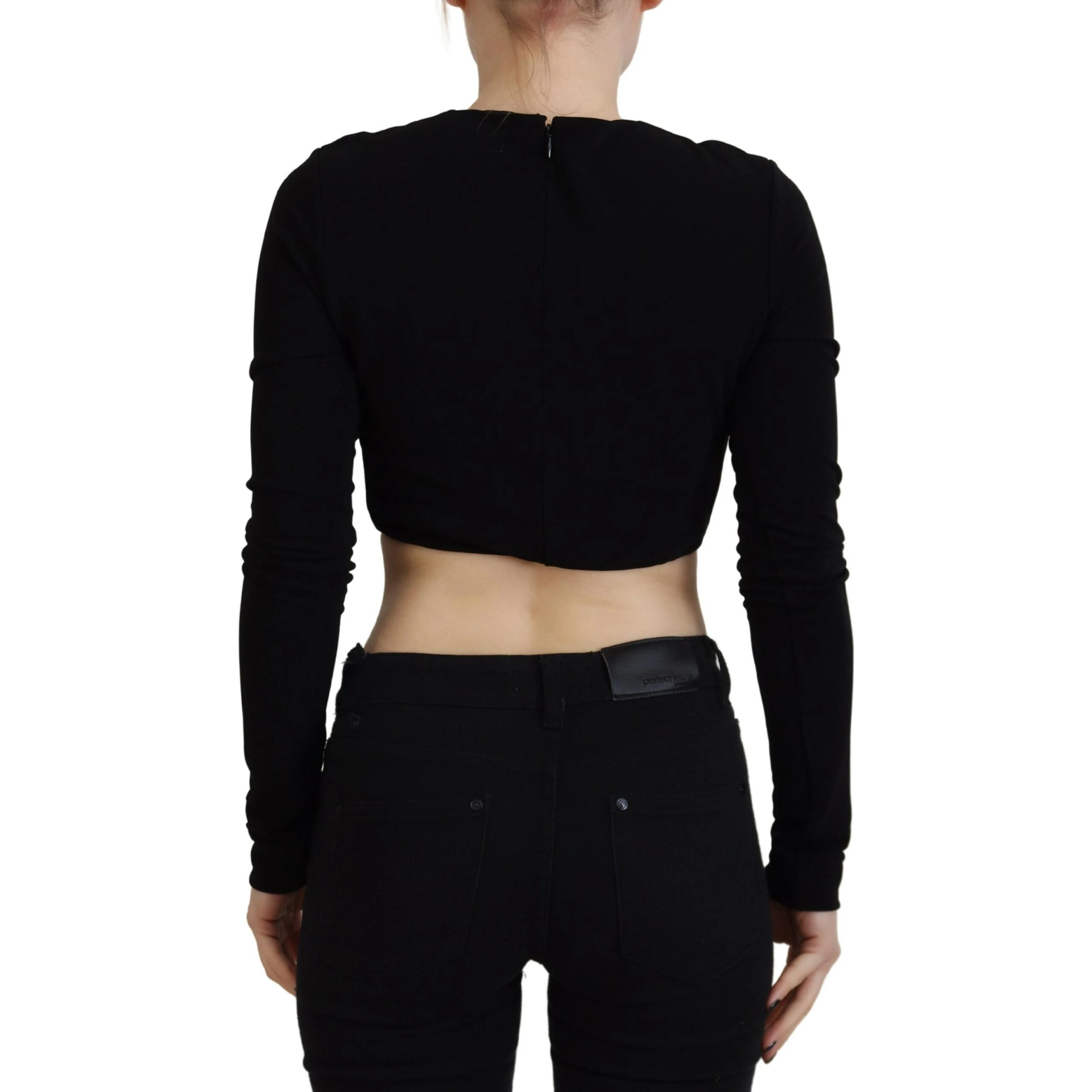 Black Viscose Cropped Round Neck Long Sleeves Top