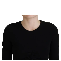 Black Viscose Cropped Round Neck Long Sleeves Top