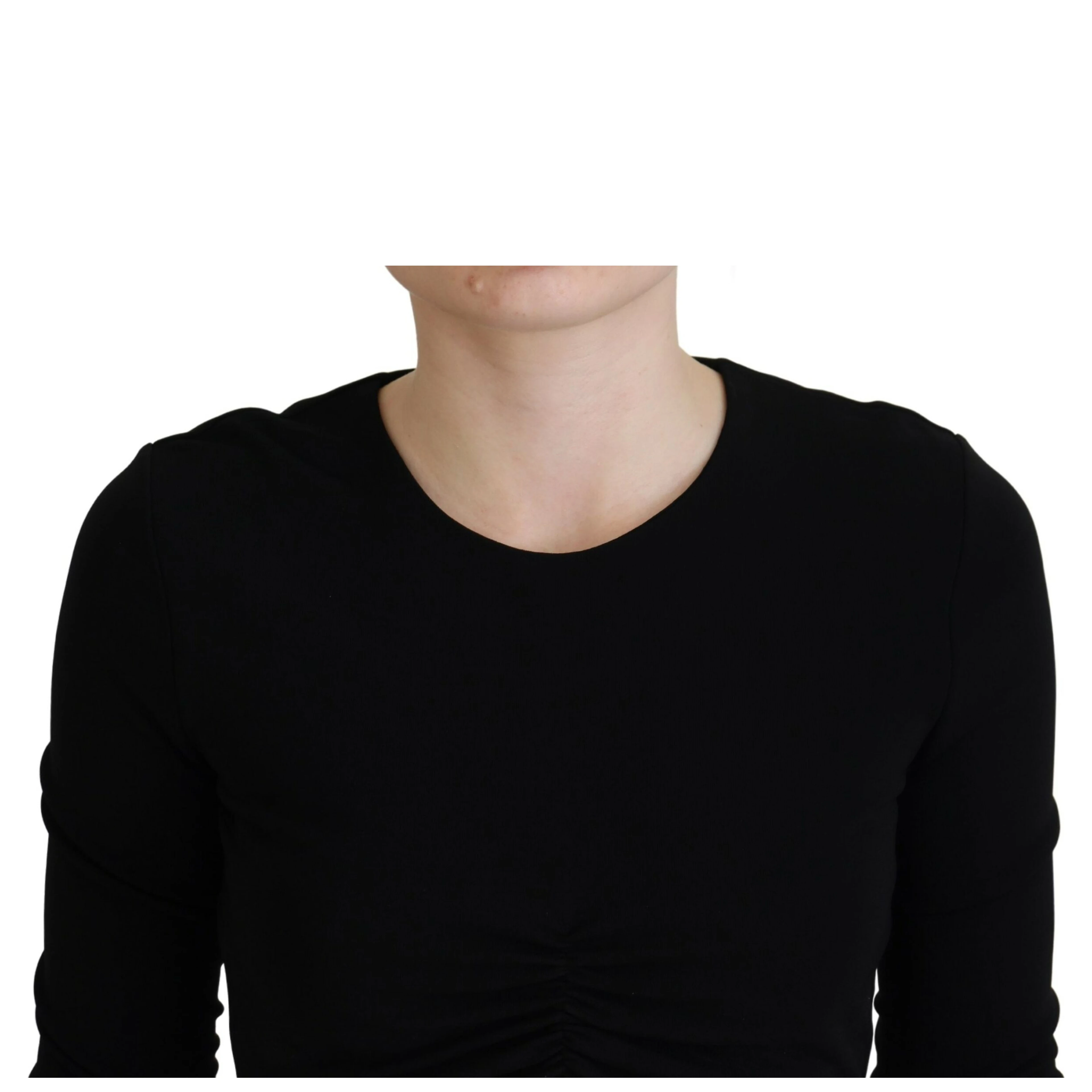 Black Viscose Cropped Round Neck Long Sleeves Top
