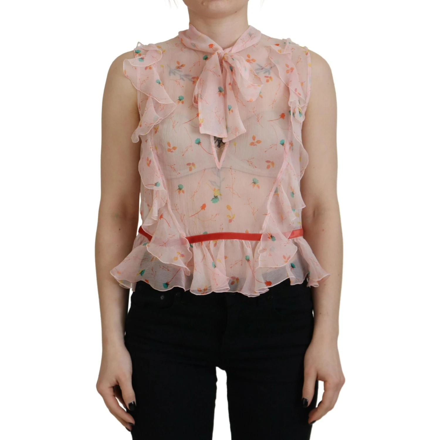 Pink Floral Print Silk Sleeveless Ascot Collar Top