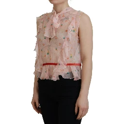 Pink Floral Print Silk Sleeveless Ascot Collar Top