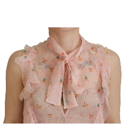 Pink Floral Print Silk Sleeveless Ascot Collar Top