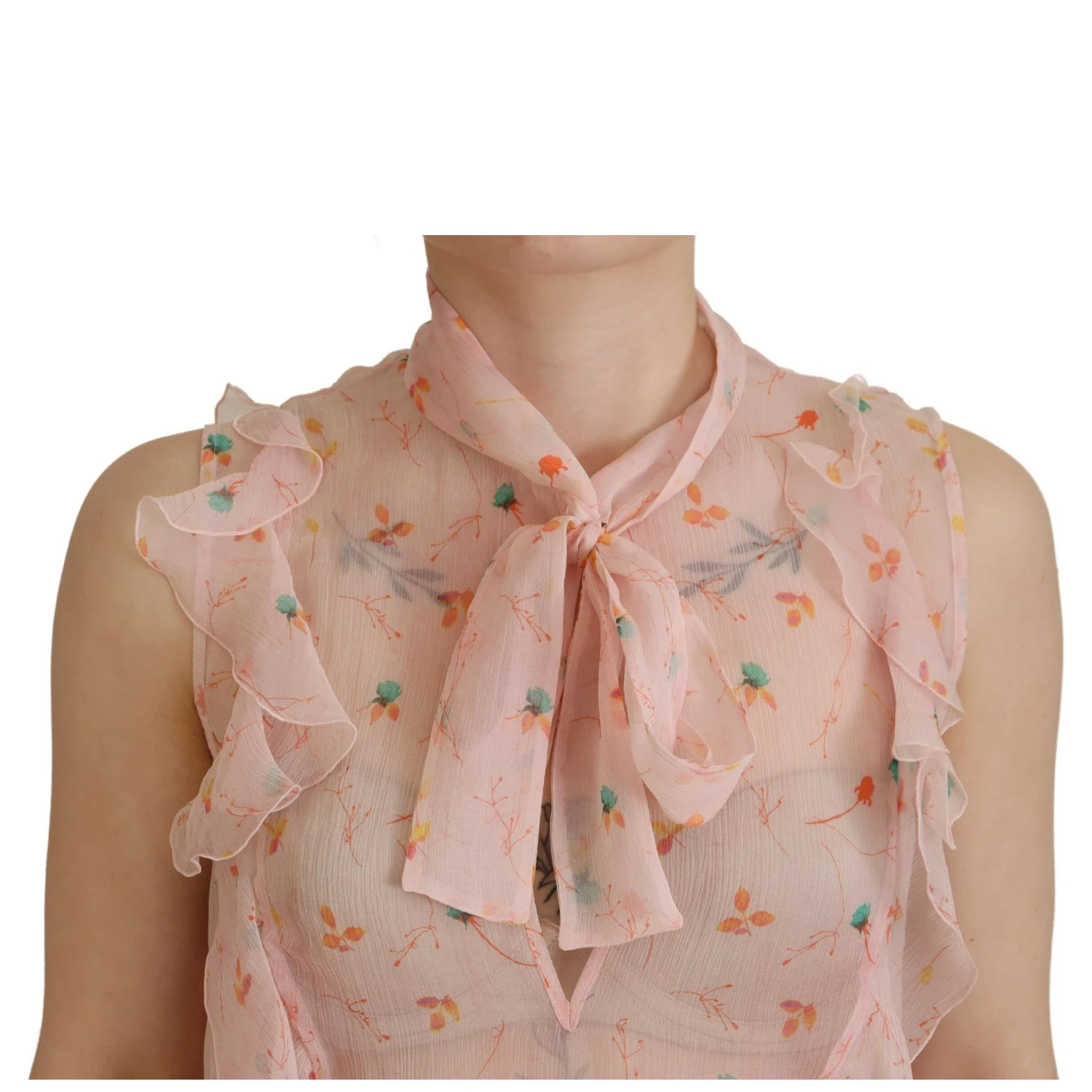 Pink Floral Print Silk Sleeveless Ascot Collar Top