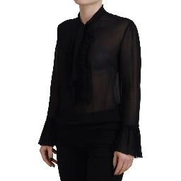 Black Viscose Long Sleeves See Through Blouse Top
