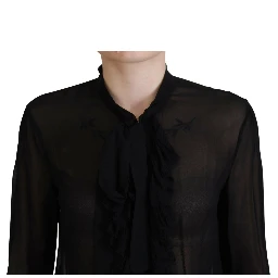 Black Viscose Long Sleeves See Through Blouse Top
