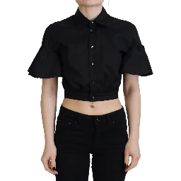 Black Collared Button Down Short Sleeve Cropped Top