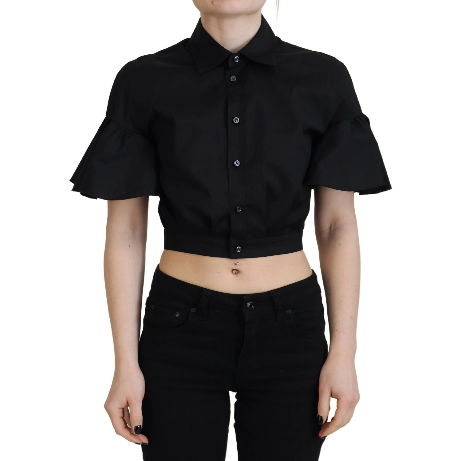 Black Collared Button Down Short Sleeve Cropped Top