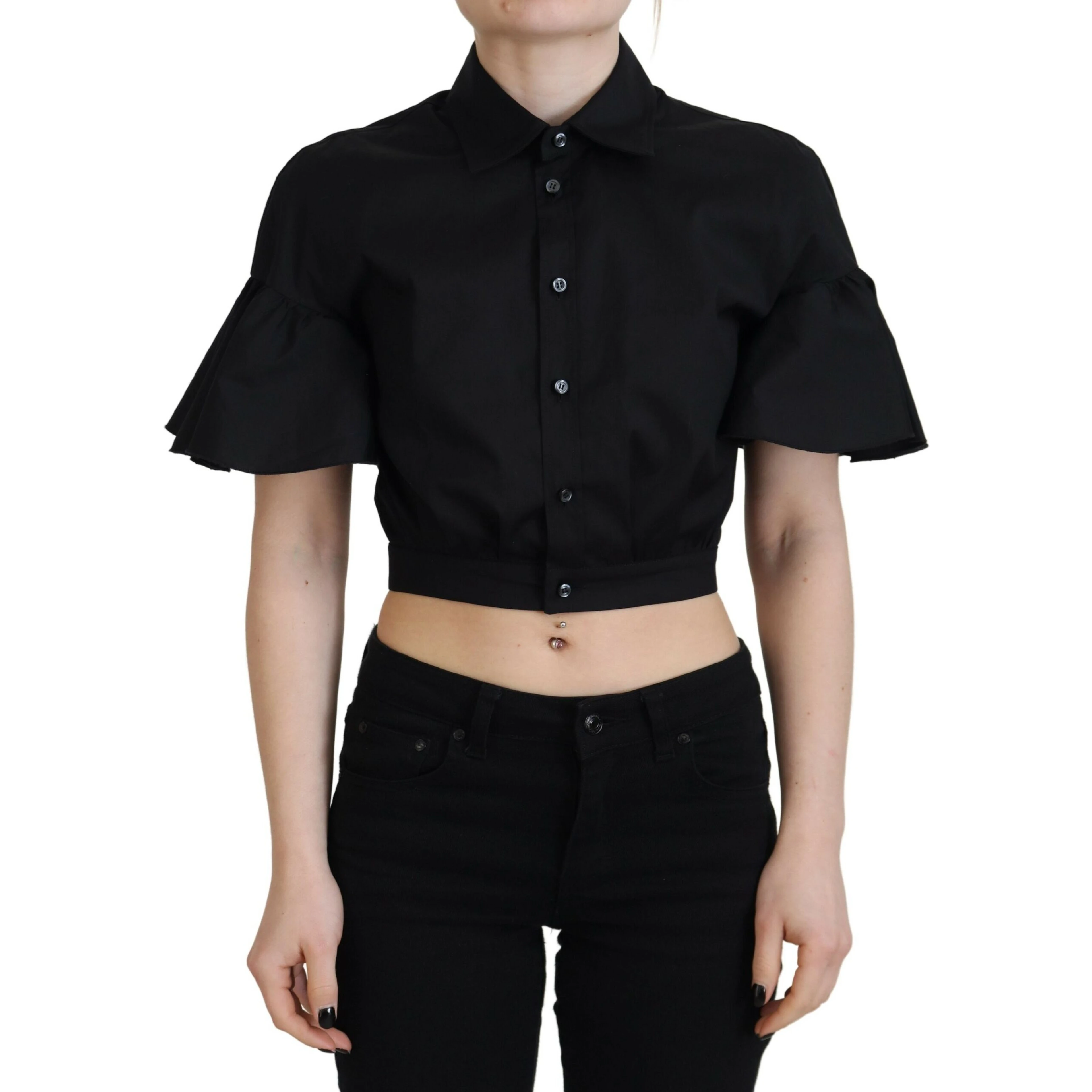 Black Collared Button Down Short Sleeve Cropped Top